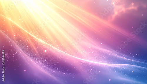 暖かな太陽の光線が優しく差し込み微細なレンズフレアと星屑がドリーミーに煌めく幻想的で美しい光の抽象背景