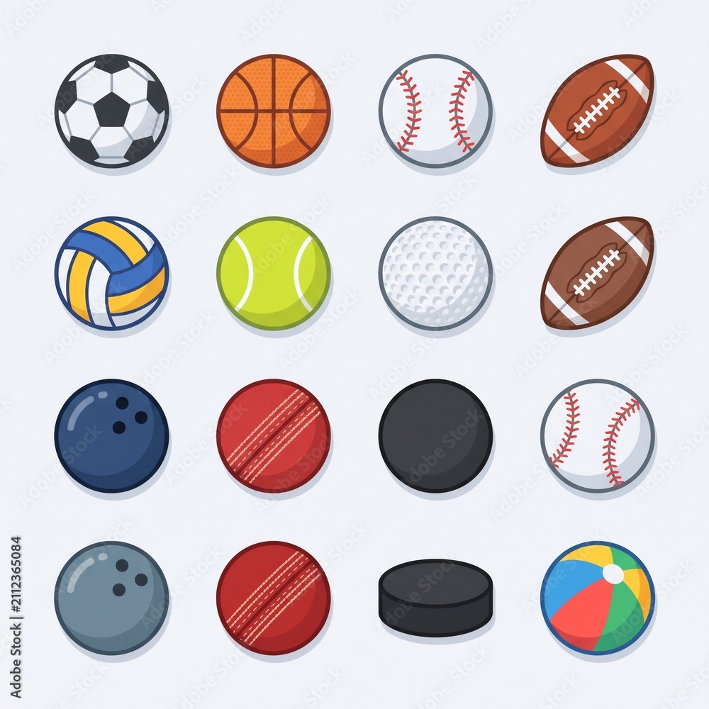 Obraz premium Collection of Sport Balls: A vibrant and diverse collection of sport balls, from soccer and basketball to tennis and baseball, arranged in a grid for a comprehensive overview of athletic equipment.