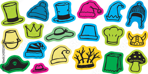 Collection of colorful cartoon hats and headwear for various characters and occasions.