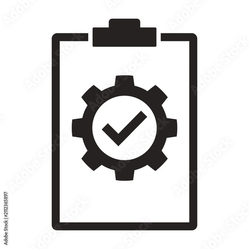 Clipboard with gear icon and checkmark symbol on white background