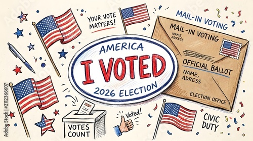 Handdrawn illustration of 2026 election voting theme with mailin ballot and flags