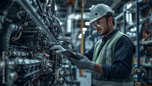 Professional Industrial Technician Inspecting Advanced Manufacturing Equipment with Digital Tablet in Modern Factory Facility