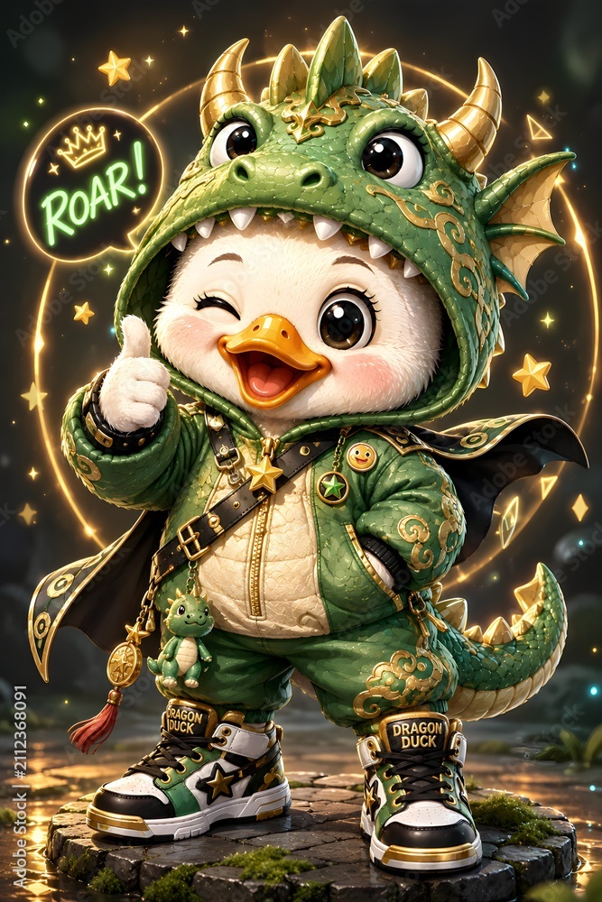 Fototapeta premium Funny Kawaii Duckling Wearing Green Dinosaur Onesie and Red Boots Illustration