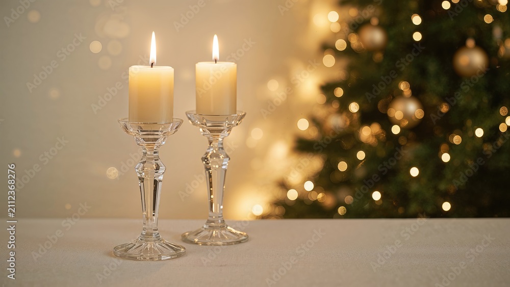 Obraz premium Two lit candles in crystal candleholders with a decorated Christmas tree in the background. Festive and holiday celebration ambiance.