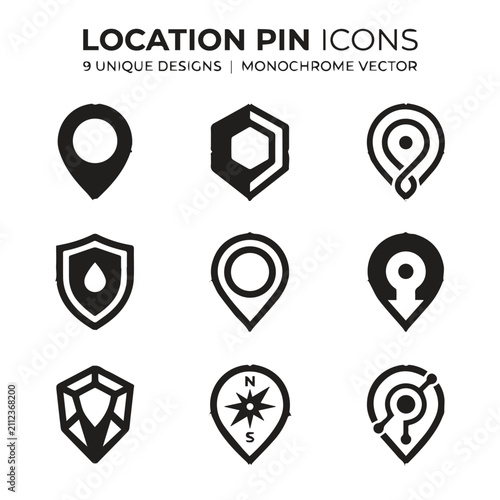 Unique monochrome location pin and map marker icons with location, navigation