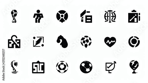 Diverse black vector icons representing sports, health, travel, and business concepts.