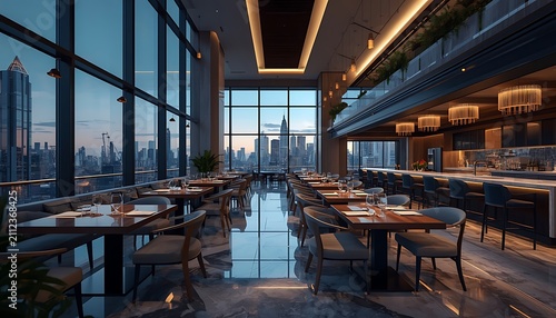 Luxury Modern Restaurant Interior with Elegant Dining Area Floor to Ceiling Windows Contemporary Design and Panoramic City Skyline View