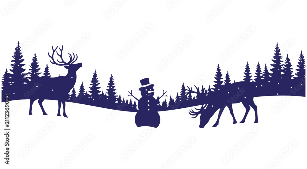 Obraz premium Winter forest silhouette vector with reindeer snowman and pine trees for Christmas holiday design