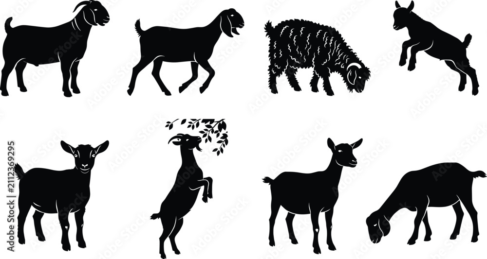 Fototapeta premium Goat and Sheep Silhouette Vector Set with Farm Livestock Animal Poses Collection