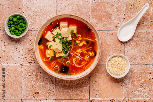 Konstfotografi Spicy miso soup with tofu and bean sprouts