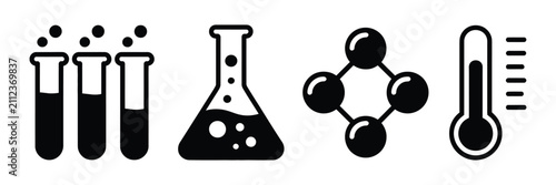 Science vector icon set, laboratory equipment chemistry research symbols with beakers flasks microscope and test tubes, clean modern vector illustration