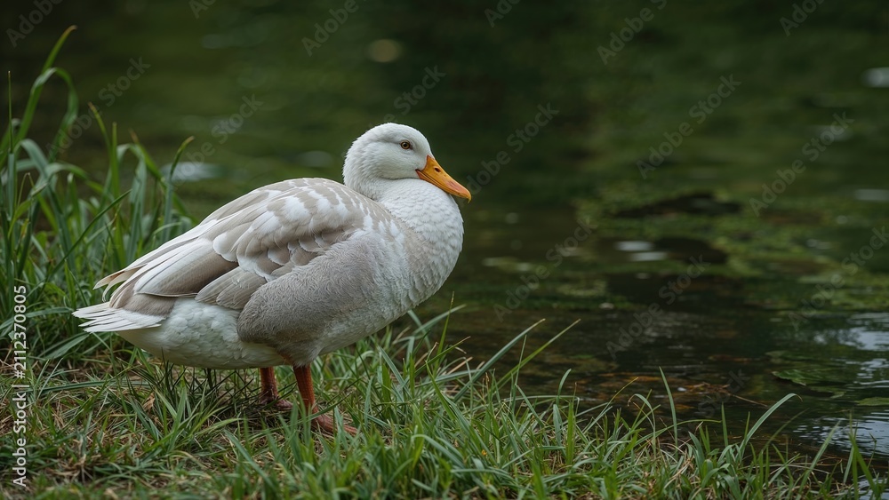 Fototapeta premium A young goose standing by the water's edge on the grassy bank.
