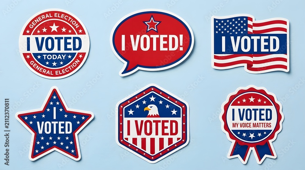 Obraz premium Set of six different i voted election stickers isolated on white background