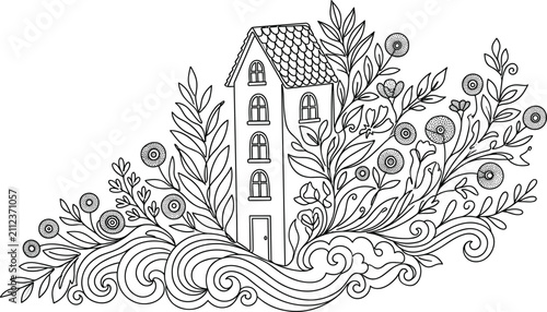 Foto Whimsical fairytale house surrounded by botanical flowers and waves line art vector doodle illustration for coloring page