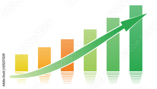 rising bar chart with green growth arrow. ascending columns from yellow to green with reflection. upward business graph showing profit increase. financial success chart illustration
