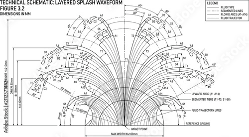 Obraz na plátně Layered Splash Waveform Technical Schematic Blueprint Vector Illustration with D