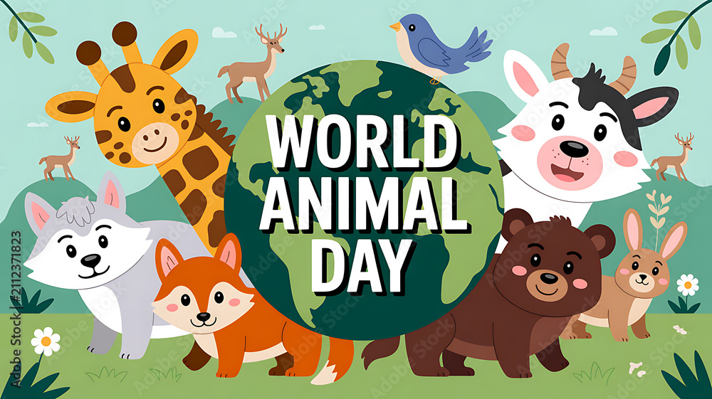 Naklejka premium Animals gather around a globe to celebrate the annual World Animal Day event.