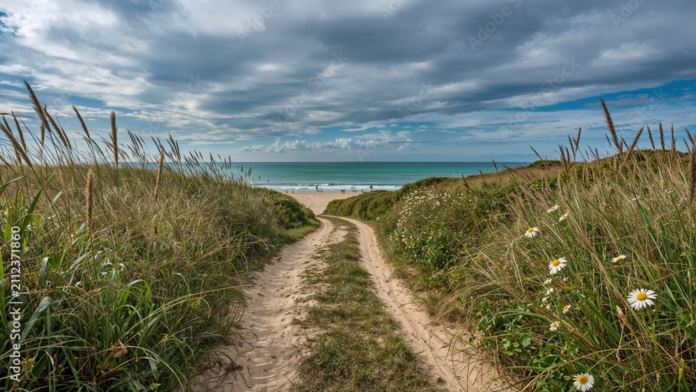 Fototapeta premium Pathway through grassy dunes leading to the ocean under partly cloudy sky. Coastal landscape, nature, and scenic view.