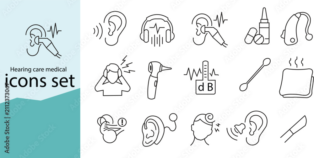 Fototapeta premium Hearing Care and Otology Medical Line Icons Set. Ear Health, Hearing Loss Diagnosis, and Audiology Medical&nbsp;. Ear Care and Hearing Examination
