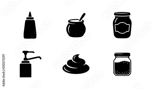 Sauce and Condiment Packaging Silhouette Icon Set with Ketchup Squeeze Bottle Mustard Jar Jam Pot and Dispenser Pump Symbols for Restaurant Menus and Food Packaging