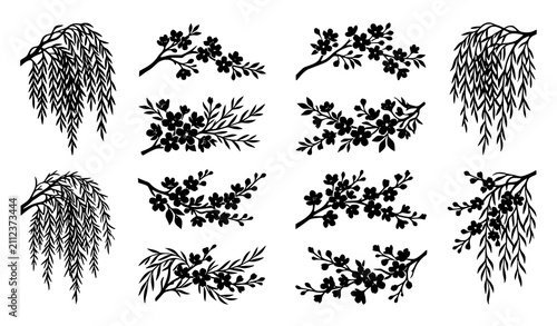 Decorative Tree Branches and Oriental Floral Silhouette Set Featuring Weeping Willow and Cherry Blossom Elements for Wedding Invitations, Pattern Designs, and Elegant Branding