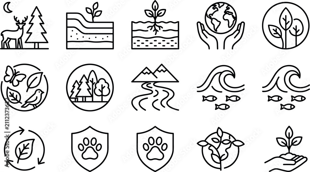 Fototapeta premium Ecology and Nature Conservation Line Icon Set with Environmental Protection Recycling Wildlife Protection Forestry Ecosystem and Sustainable Development Graphics for Green Business Branding