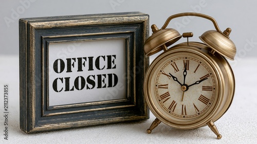 A vintage alarm clock stands beside a framed sign indicating that an office is closed.