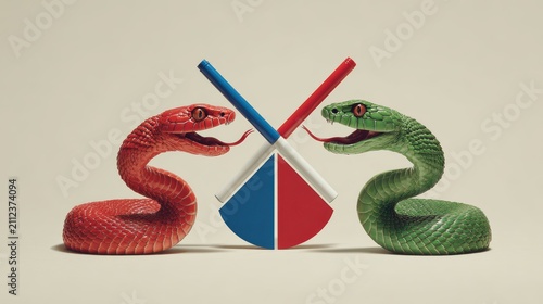 Two contrasting snake figures facing each other with stylized paddles in red blue and white colors on beige background