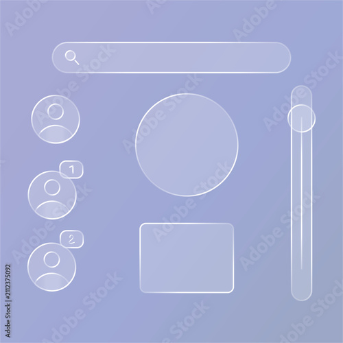 Modern Glass morphism UI Components Kit with Search Bar Profile Avatar Notification Slider and Card Vector