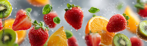 Fruits falling into water with droplets splashing around in a bright setting