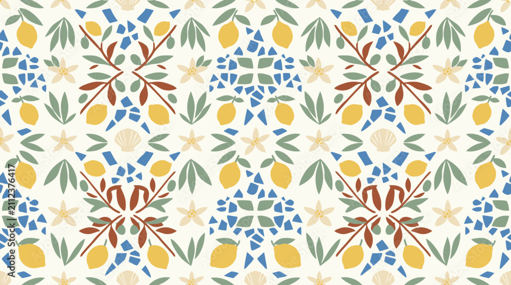 Fototapeta premium Seamless Lemon and Seashell Pattern, Mediterranean Style, Tropical Vibe