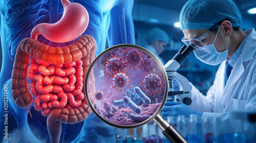 Human digestive system anatomy with gut microbiome, scientist researching intestinal bacteria under microscope, medical laboratory gastroenterology study