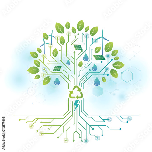 Green Tech Digital Tree Concept - Renewable Energy Circuit Board Vector Illustration