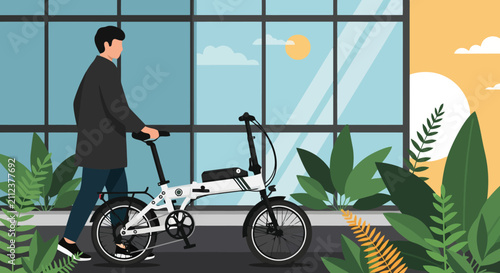 Man walking with folding bike near modern glass office building exterior