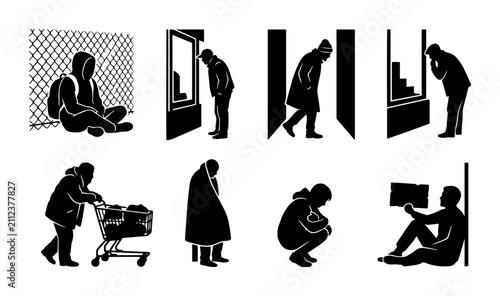 70 Homelessness Silhouette Collection, Social Issues Vector Icons, Urban Poverty Scenes, Despair and Struggle Visuals, Human Condition Illustrations 100