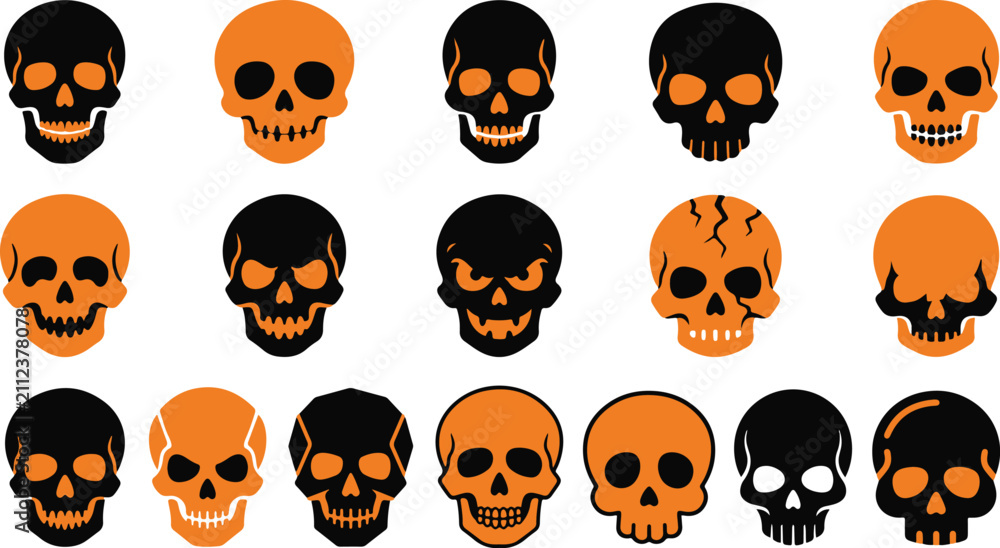 Obraz premium Set of various hand drawn skulls in black and orange colors for halloween design elements
