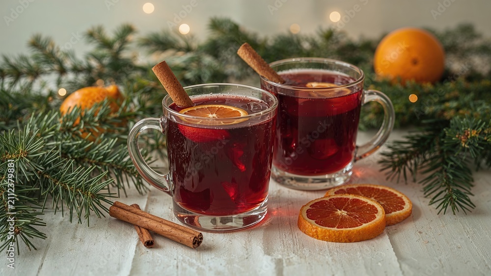 Obraz premium Two glasses of mulled wine with cinnamon sticks, orange slices, and holiday decorations.