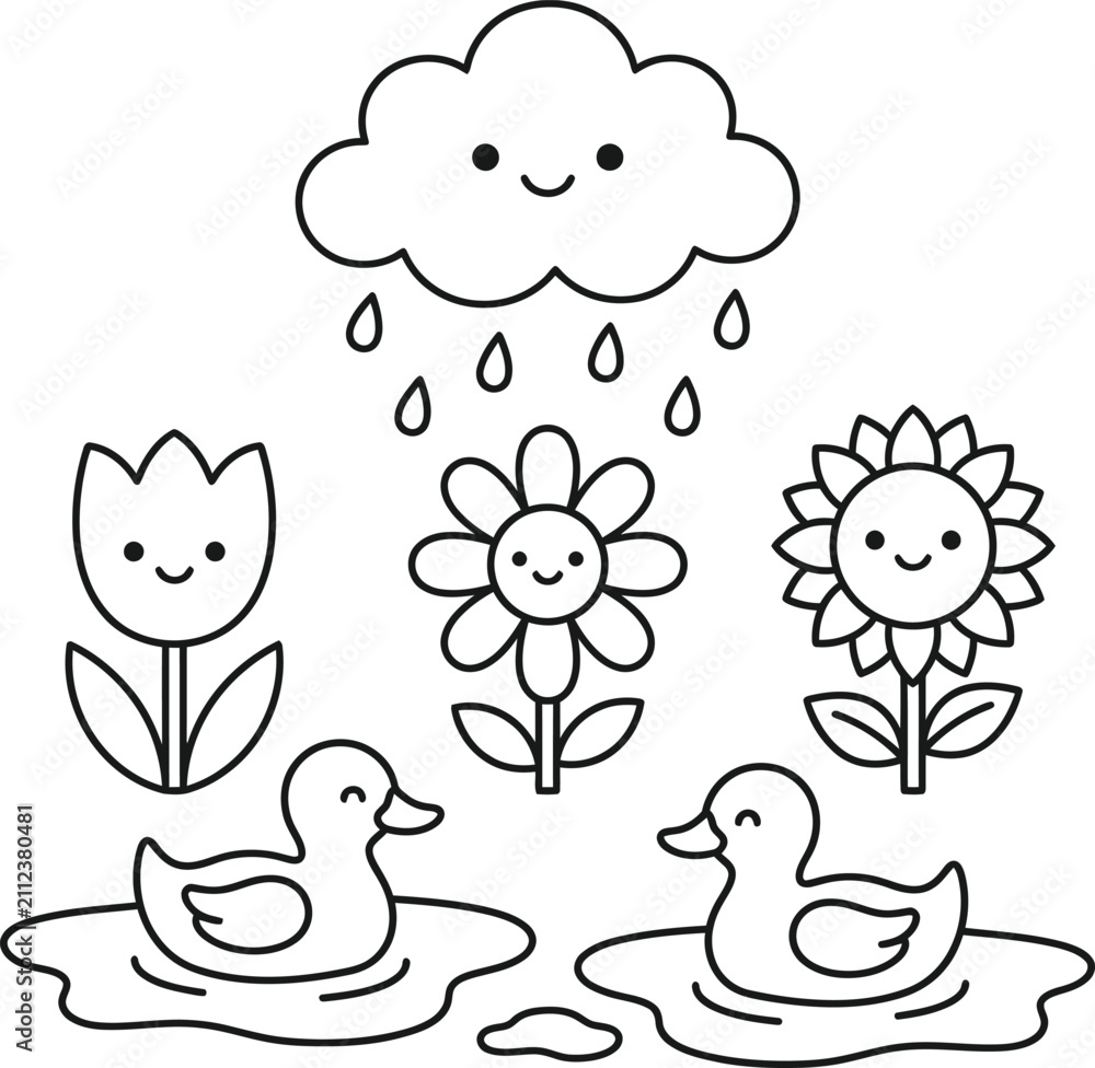 Fototapeta premium Cute cartoon ducks swimming in puddles on a rainy day with flowers