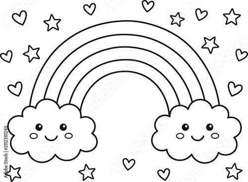 Cute rainbow with smiling clouds and stars for kids