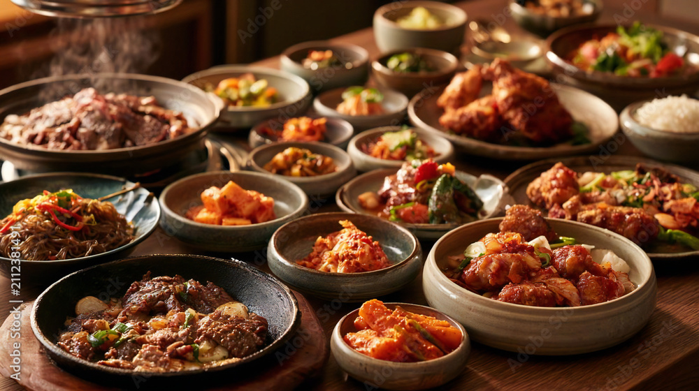 Obraz premium 食卓に並ぶ韓国料理