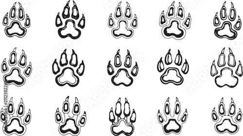 Photography Animal paw print icon set, Pet track symbol doodle, Dog or cat paw silhouette an