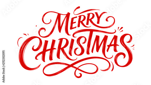 Red merry christmas calligraphic script text isolated on a transparent background
