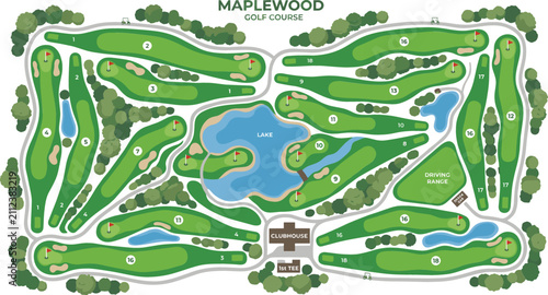 Golf course map with numbered holes and central lake during daylight with surrounding trees and pathways