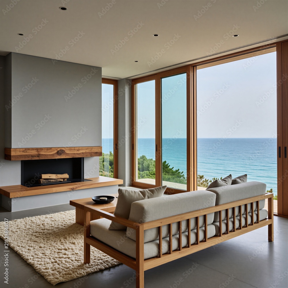 Obraz premium Modern living room features wooden furniture fireplace, soft rug. Large glass windows offer panoramic blue ocean view from luxury home interior. Minimalist decor style creates calm atmosphere for