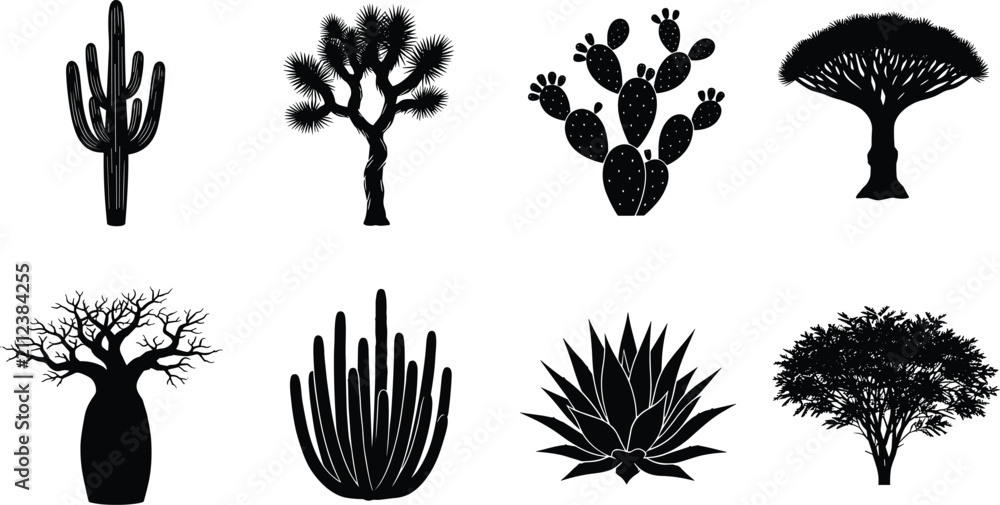Fototapeta premium Minimalist black silhouettes of cactus, Joshua tree, baobab, agave, acacia, and other desert plants, ideal for nature projects, educational visuals, and eco-themed designs.