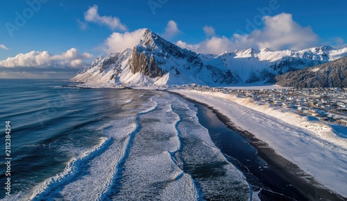 Winter coastal scene with snow-covered beach and dramatic mountains