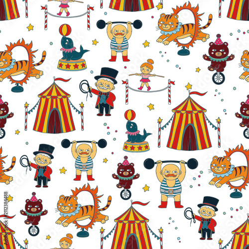 Seamless circus pattern, circus tent, ringmaster, strongman, tiger, seal, bear and acrobat. Retro carnival repeat background. Perfect for wrapping, packaging, stationery, fabric and textile prints.