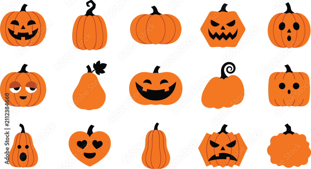 Fototapeta premium Set of various hand drawn halloween pumpkin icons with different funny and scary facial expressions on white background