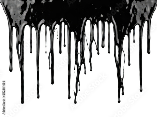 Black liquid dripping isolated on transparent background. Slime or oil texture concept for graphic design assets.