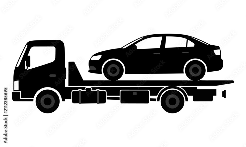 Naklejka premium Black silhouette of a modern flatbed tow truck carrying a compact sedan in side profile isolated on white background logistics and transport concept